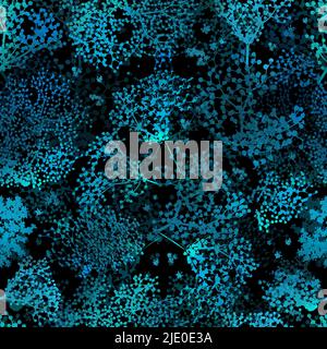 Blue flowers on a black background. Seamless background. Vector illustration . texture trend print for textiles and wallpaper. Stock Vector