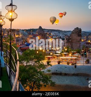 Terrace of a cafe in the town of Goreme, Turkey Stock Photo