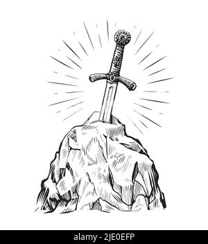 Excalibur sword in the stone. Hand drawn sketch in vintage engraving style. Vector illustration Stock Vector