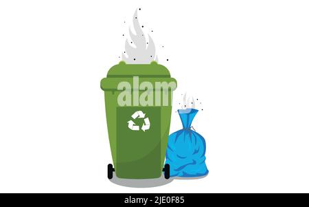 Trash can with piles of garbage. Bad smell and insects. Isolated on white background. Stock Vector