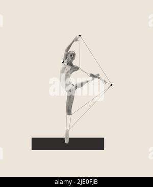 Contemporary art collage with tender young ballerina performing isolated over grey background. Design with geometric figures Stock Photo