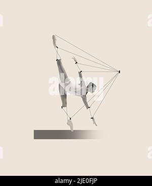 Contemporary art collage with tender young woman, ballerina dancing isolated over grey background. Line art design Stock Photo