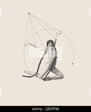 Contemporary art collage with tender emotive woman, ballerina performing isolated over grey background. Geometric figures, line art design Stock Photo