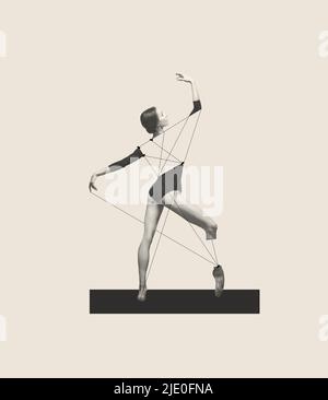 Contemporary art collage with young tender woman, ballerina dancing isolated over grey background. Line art design Stock Photo