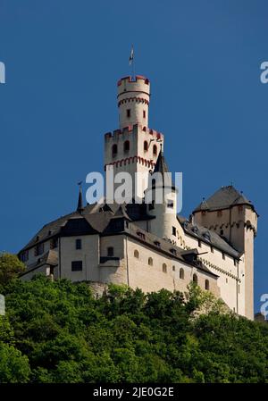 Marksburg, the only medieval hilltop castle on the Middle Rhine that has never been destroyed, Braubach, Rhineland-Palatinate, Germany Stock Photo