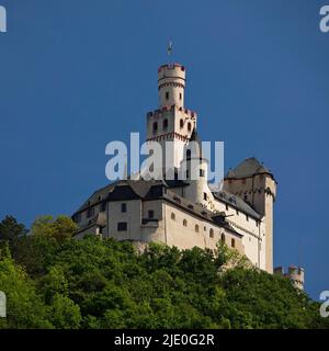 Marksburg, the only medieval hilltop castle on the Middle Rhine that has never been destroyed, Braubach, Rhineland-Palatinate, Germany Stock Photo