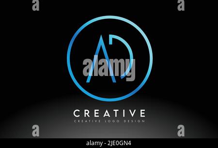 Neon Blue AD Letters Logo Design Slim. Simple and Creative Clean Letter Concept Illustration. Stock Vector