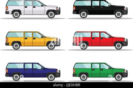 Detailed illustration of six colored cars in a flat style Stock Vector