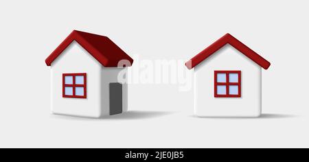 3d house icon, white building with red roof Stock Vector