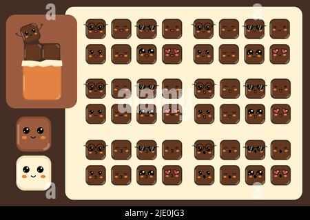 Pice of chocolate bar cute kawaii character, different expressions sweet cube face, happy smiling kiss surprised sqiunt kawaii avatar icons milk dark and white chocolate vector illustration Stock Vector