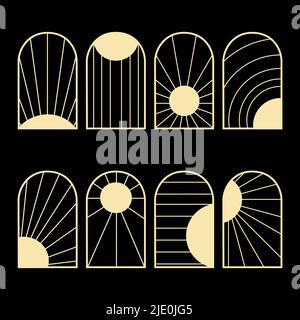 Vintage Bohemian arch window logo art collection, icons and symbols, sun or moon, rays geometric abstract design simple scandinavian minimalistic wall decor room interior vector illustration. Stock Vector
