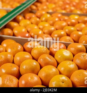 Tangerine boxes placed, close-up view with unfocused background. Stock Photo