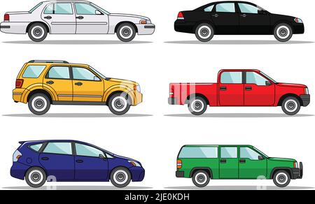 Detailed illustration of six colored cars in a flat style Stock Vector