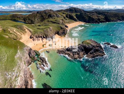 Aerial view of the Murder Hole beach, officially called Boyeghether Bay in County Donegal, Ireland. Stock Photo