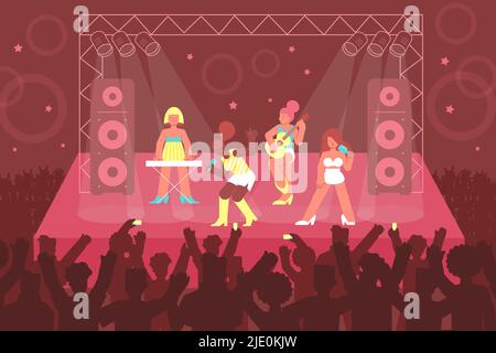 Concert singer composition of flat images and characters of girls band members performing music on stage vector illustration Stock Vector