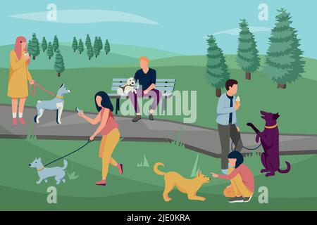 People with dogs flat composition with park outdoor landscape with trees and people walking their dogs vector illustration Stock Vector