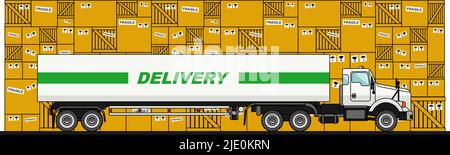 Truck on the boxes background in flat style. Stock Vector
