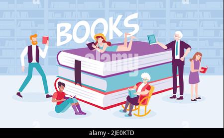 Book people composition with flat human characters surrounding pile of books with bookcase background and text vector illustration Stock Vector
