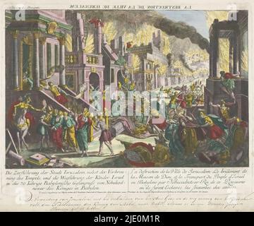 The destruction of the city of Jerusalem, Die Zerstöhrung der Stadt Ierusalem (...) (title on object), View of a street in a burning city, with Roman-looking soldiers wreaking havoc, looting valuables, killing or capturing people. Below the image the expanded title in German and French, publisher: Kaiserlich Franziskische Akademie, (mentioned on object), print maker: anonymous, Jozef II (Duits keizer), (mentioned on object), publisher: Augsburg, print maker: Germany, 1755 - 1779, paper, etching, brush, height 335 mm × width 435 mm Stock Photo