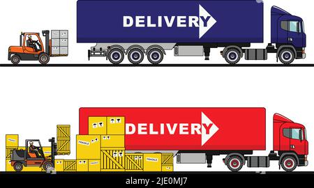 Forklift loading boxes into a truck, van isolated on white background in flat style. Stock Vector