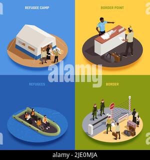 Immigrants 2x2 design concept set of illegal  immigrants sailing in boat temporary residence camp border control isometric square compositions vector Stock Vector