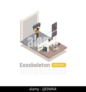 Bionics technology isometric composition illustrated man wearing exoskeleton to ease heavy physical exertion vector illustration Stock Vector