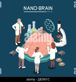 Nano bio technology isometric composition with scientific laboratory staff using nano-materials for brain activity improvement vector illustration Stock Vector