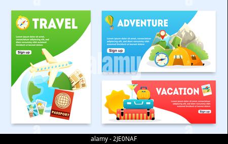 Travel flat banners set with airplane passport globe tourist tent compass map suitcase isolated vector illustration Stock Vector