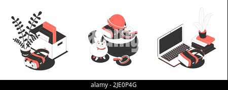 Set of three isometric compositions with vr glasses and various objects isolated on white background 3d vector illustration Stock Vector