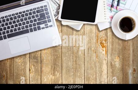 Office desk table with supplies. Top view with copy space. Stock Photo