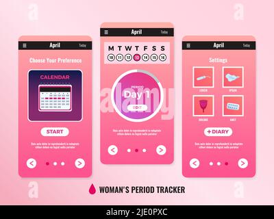 Pms woman mobile app calendar design concept with three windows or screenshots vector illustration Stock Vector