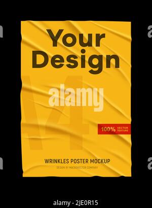 Wrinkled badly glued crumpled yellow paper poster mock up texture black background your design realistic vector illustration Stock Vector