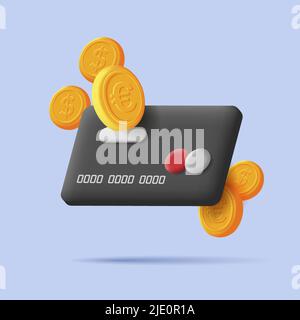 3d black credit banking card with golden coins Stock Vector