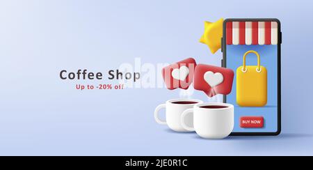 3d illustration of smartphone with shopping and coffee cups with likes Stock Vector