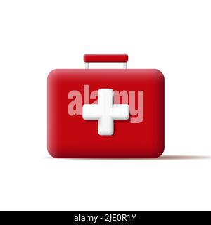 3d icon of emergency aid kit, red briefcase with white cross Stock Vector