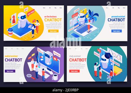 Chatbot messenger concept 4 isometric web banners set with personal medical financial business study assistants vector illustration Stock Vector