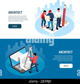 Architects and construction engineers working on architecture project horizontal banners isometric vector illustration Stock Vector