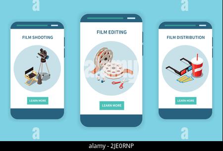Cinema isometric set of three isolated vertical banners with compositions of icons and learn more buttons vector illustration Stock Vector