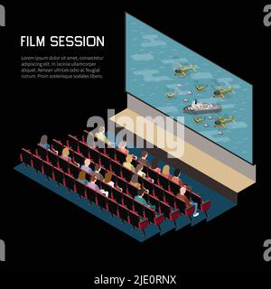 Cinema isometric composition with indoor view of auditorium watching movie with seats screen and editable text vector illustration Stock Vector