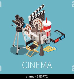 Cinema isometric composition with text and images of cinematographic elements with directors seat tickets and camera vector illustration Stock Vector