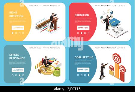 Leadership concept isometric banners collection with horizontal backgrounds people with graphs page switch buttons and text vector illustration Stock Vector