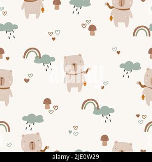 Seamless childish pattern with bear, rainbow and mushrooms. Creative childish urban texture for fabric, wrapping, textile, wallpaper, clothing. Vector Stock Vector