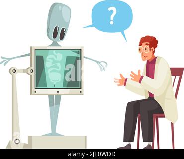 Confused doctor or scientist doing xray of cute humanoid cartoon vector illustration Stock Vector