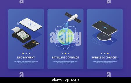 Three vertical isometric wireless technologies banner set with nfc payment satellite coverage and wireless charger headlines vector illustration Stock Vector