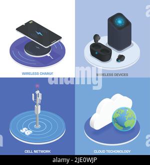 Wireless technologies isometric colored icon set with wireless charge devices network and cloud technology descriptions vector illustration Stock Vector