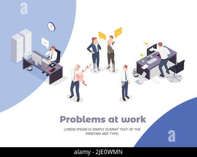 Problem situations at work isometric concept with problems at work headline and different stress situations vector illustration Stock Vector