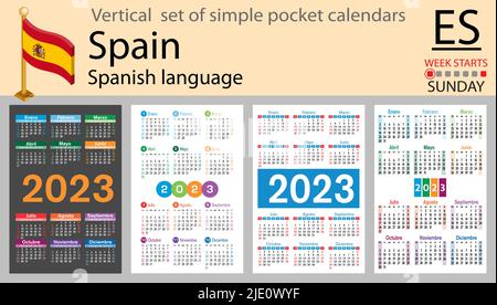 Spanish vertical pocket calendar for 2023 (two thousand twenty three). Week starts Sunday. New year. Color simple design. Vector Stock Vector