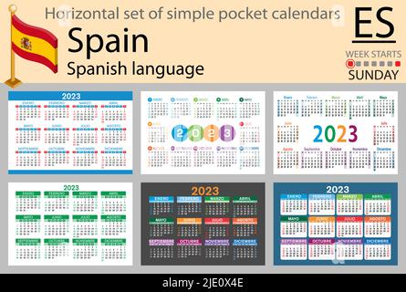 Spanish horizontal pocket calendar for 2023 (two thousand twenty three). Week starts Sunday. New year. Color simple design. Vector Stock Vector