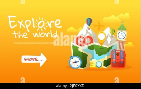 Explore the world colored horizontal banner with travel icons and more info button flat vector illustration Stock Vector