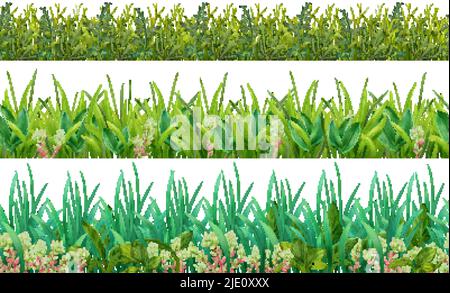 Realistic grass shades of green leaves foliage plants 3 horizontal decorative seamless patterns set isolated vector illustration Stock Vector